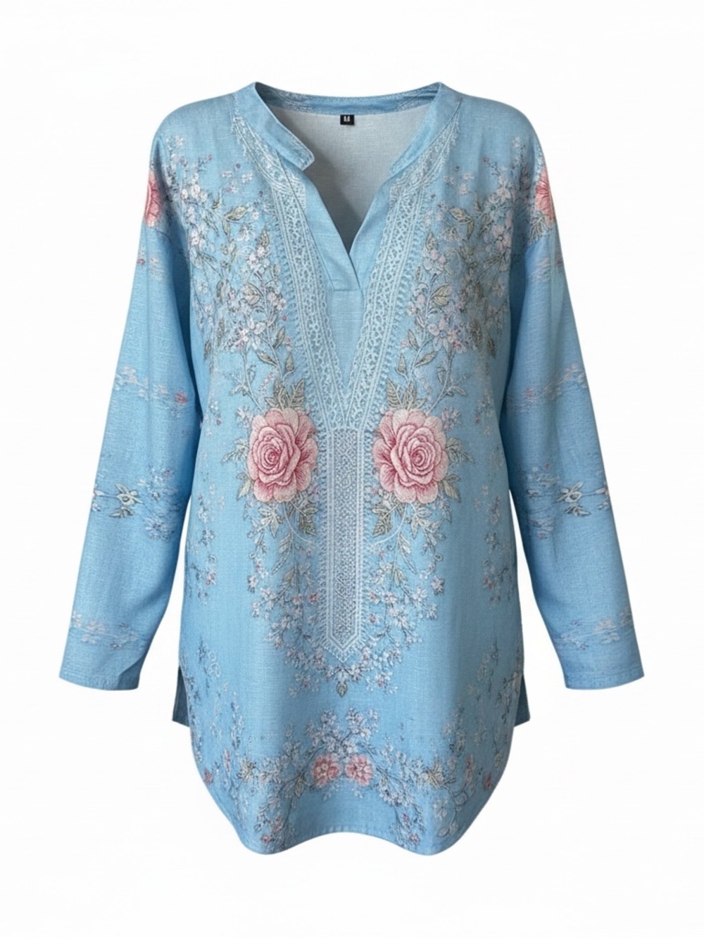 Wrenoin Blue Floral Split Neck Tunic Blouse Sz M NWT